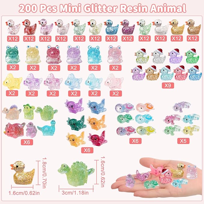 Mini Glitter Ducks 200 Pcs Tiny Duck Figures Luminous Resin Dinosaur Turtle Frog Axolotls to Hide Plastic Animal for DIY Garden Miniatures Fairy Garden Accessories (8 Styles)