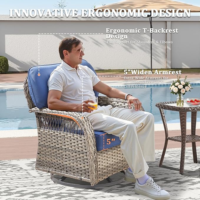 Outdoor Swivel Rocker Chairs - Patio Rocking Chairs Set of 2, 3PCS Wicker Patio Set with 5" Thick Cushion and Side Table, Rattan Patio Swivel Rocking Chairs for Porch, Deck, Backyard Blue/Gray