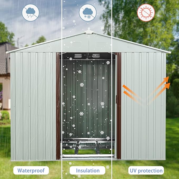 8x4 FT Outdoor Storage Shed,Metal Tool Cabinet with Foundation and Vents,Sliding Doors & Padlock,Waterproof Oversized Shelter for Shovels,Umbrellas,White