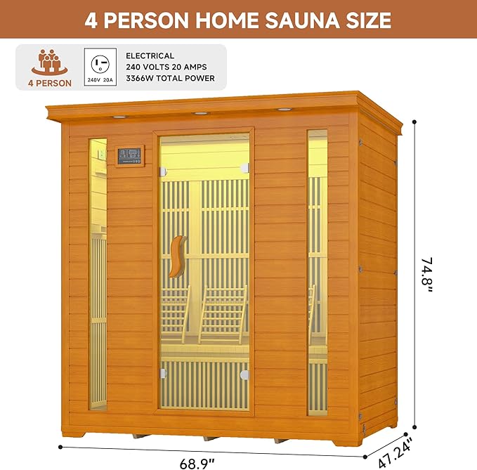 springspa 4 Person Infrared Sauna Room, Low EMF FAR Infrared Sauna for Home, Canadian Hemlock Wooden Indoor Sauna, with 10 Heating Panel, 2 LCD Panel, Bluetooth Speaker, 7 Therapy Light