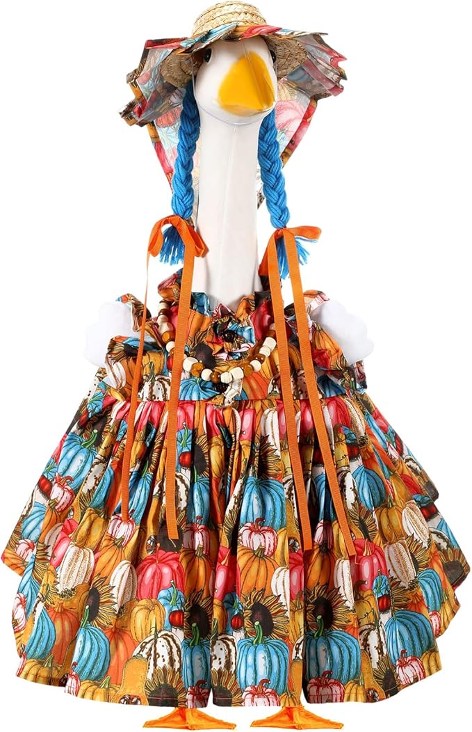 Fall Thanksgiving Goose Outfit Sunflower Porch Goose Costume with Hat Necklace for 23 Autumn Patio Yard Lawn Decor(Multicolor Sunflower)