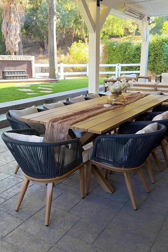 PURPLE LEAF 11 Pieces Patio Dining Set Wicker Outdoor Furniture Rectangular Table and Chairs Set for Garden Deck Teak-Finish Aluminum Frame Backyard Kitchen Set, Cushions and Pillows Included