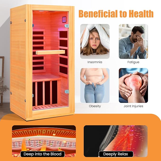 Far Infrared Sauna Home Sauna Room Canadian Hemlock Indoor 1 Person Sauna 900W 110V with Red Light Bluetooth Speakers 28.35"x32.28"x61.42"