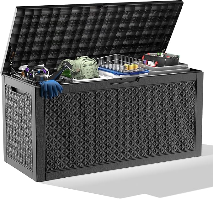 100 Gallon Large Deck Box,Resin Outdoor Storage Box with Lockable for Patio Furniture, Pool Accessories, Garden Tools Waterproof Outside Storage Box, Black Lozenge
