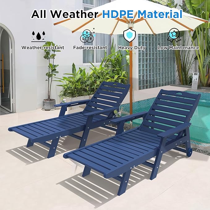 nalone Outdoor Chaise Lounge Chair Set of 2 with Wheels & Cup Holder, HDPE Pool Lounge Chairs with 5-Position Adjustable Backrest Supports Up to 400 LBS for Patio Poolside Deck Beach(Navy Blue)
