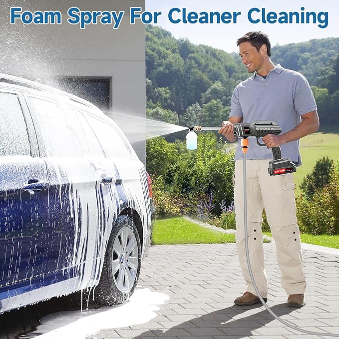 Cordless Pressure Washer Battery Operated, 60Bar/870 PSI Electric Pressure Washer,1500W Portable Battery Power Washer, Handheld High Pressure washers with Nozzles, 2 Battery, 5m Hose for Car/Garden