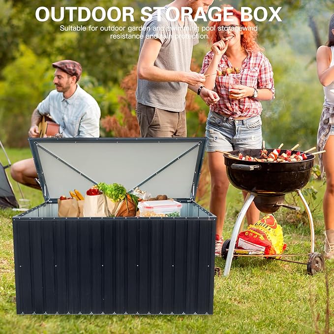 215-Gallon Outdoor Metal Storage Box, Weatherproof Deck Box with Wooden Texture, Multi-Purpose Garden Storage for Tools, Pool Accessories & Sports Gear, Patio Organizer with Tabletop Function