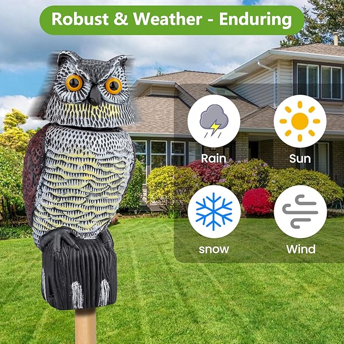 Owl Decoys to Scare Birds Squirrels Away, Rotatable Head Plastic Bird Deterrent, Waterproof Garden Owls Statue for Patio Yard Farm Protection Against Birds, Squirrels, Rabbits, Raccoons