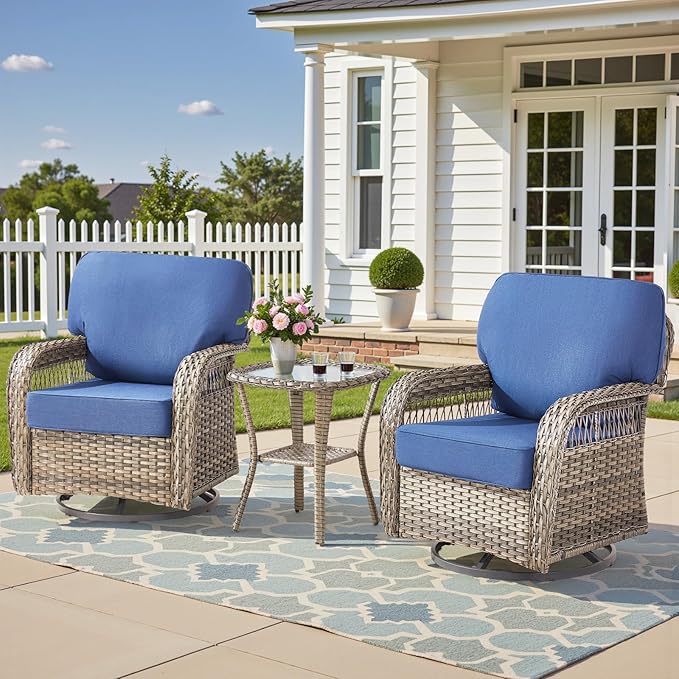Outdoor Swivel Rocker Chairs - Patio Rocking Chairs Set of 2, 3PCS Wicker Patio Set with 5" Thick Cushion and Side Table, Rattan Patio Swivel Rocking Chairs for Porch, Deck, Backyard Blue/Gray