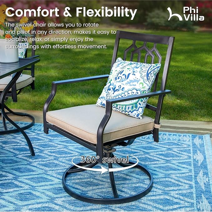 PHI VILLA 7 Pieces Patio Dining Set for 6, 60" Rectangle Metal Steel Table with Umbrella Hole & Swivel Wrought Iron Chairs with Cushions, Large Outdoo Furniture Set for Deck, Porch, Yard