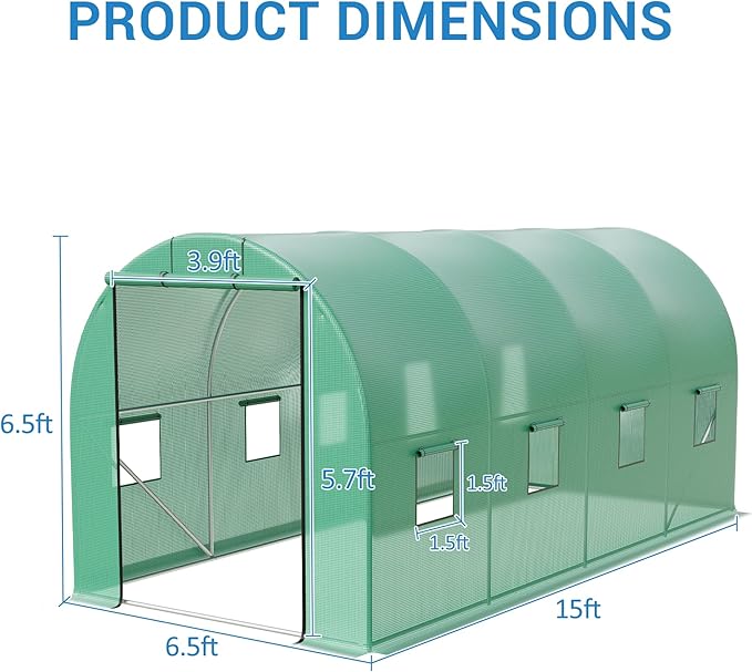 15X7x7 Ft Walk-in Tunnel Greenhouse for Outdoor Gardening - Heavy Duty Galvanized Steel Hoop House with Green PE Cover, Roll-Up Zipper Door & 8 Vent Windows, Garden Plant Protection for Winter Use