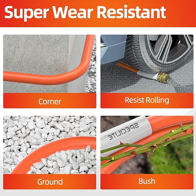 SPECILITE Garden Water Hose 200 ft x 5/8 in Heavy Duty, Flexible and Lightweight, Burst 600 psi, Kink-less Hybrid Rubber Pipe for Backyard, 3/4'' Brass Fittings, Orange