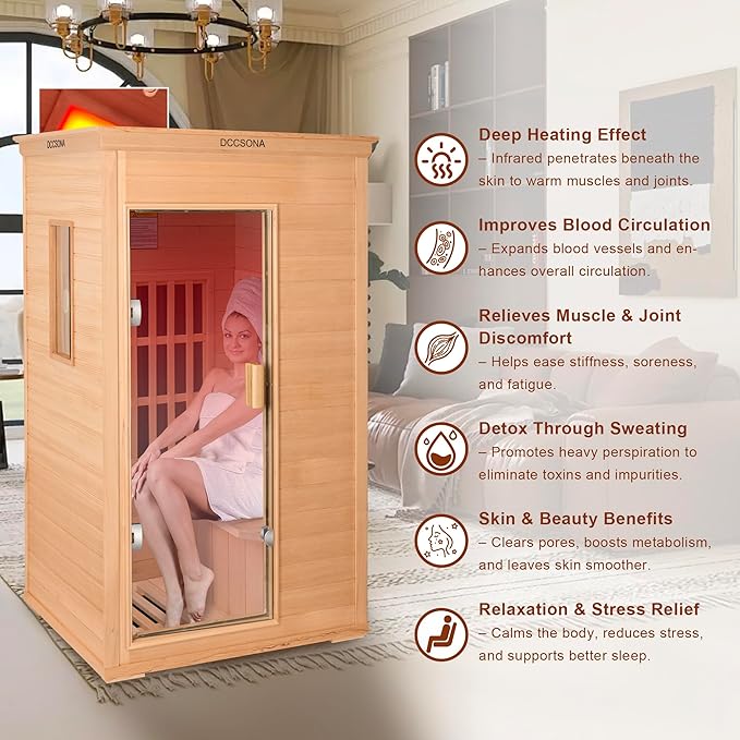 1-Person Indoor Infrared Sauna 1000W – Canadian Hemlock Wood Home Sauna with Red Light Therapy, Bluetooth Speaker, Glass Door,Big Room: 37.8" x 30.3" x 65.4"