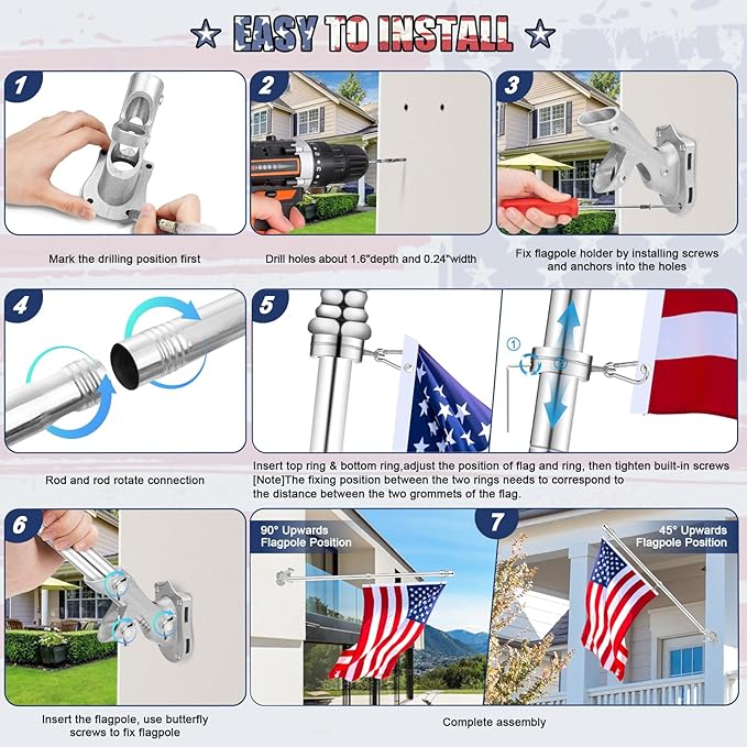 REERON House Flag Pole Kit, 5 FT Metal Spinning Flag Poles Kit, 1" Tangle Free Stainless Steel Flagpole with 360° Flagpole Rings & 2-Position Bracket for Outside House Porch Wall Mount for 3x5 Flag