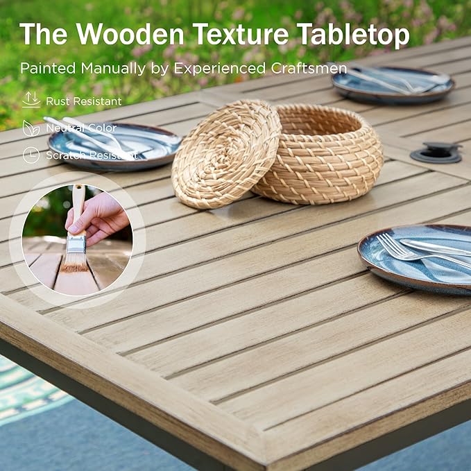 PHI VILLA 7 Pieces Outdoor Dining Set for 6, 65” Wood-Like Metal Rectangle Dining Table & Rattan Wicker Chairs with Cushions, Large Dining Furniture Set for Patio, Deck, Porch, Yard