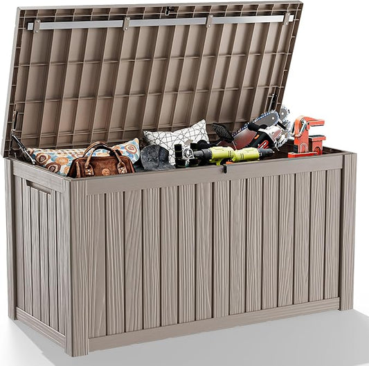 Vixzen 180 Gallon Resin Deck Box, Lockable Outdoor Storage Box for Patio Cushions Storage Furniture,Garden Tools, Pool Supplies, Weatherproof and UV Resistant- Light Brown