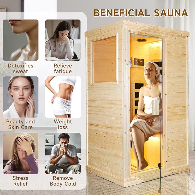 Sauna Infrared Far Infrared Sauna for Home 1 Person Sauna with Spruce Wood Dry Sauna for Home Sauna Room Low EMF Indoor Sauna for One Person in Home Sauna 900W with Speakers