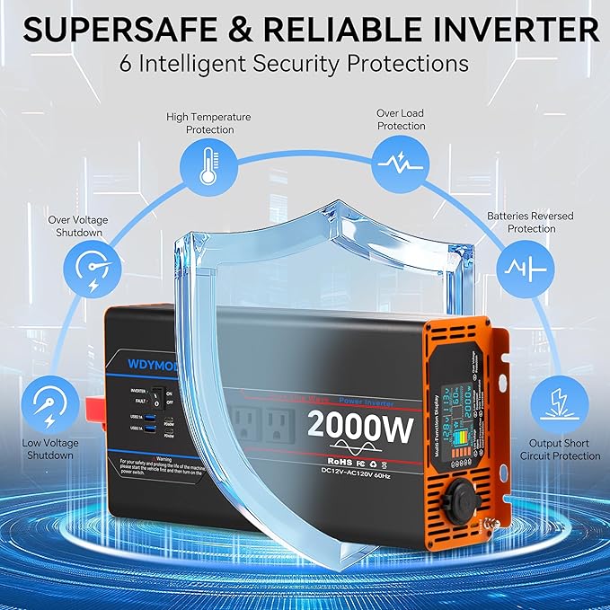 2000W Pure Sine Wave Inverter, Car Power Inverter 12V to 110V 120V, DC to AC Converter Generator with AC Outlets 3.0A USB Type-C, Remote Controller LCD Display Truck Inversor for Vehicles, RV