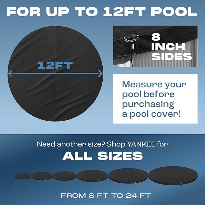 Yankee Diamond Series Pool Covers for Above Ground Pools | All-Weather, Windproof, Light 12ft Round Pool Cover w/ 4 Screw-In Pegs, 4 Ropes | 3 Mounting Methods, Strong Fastenings for Triple Protection