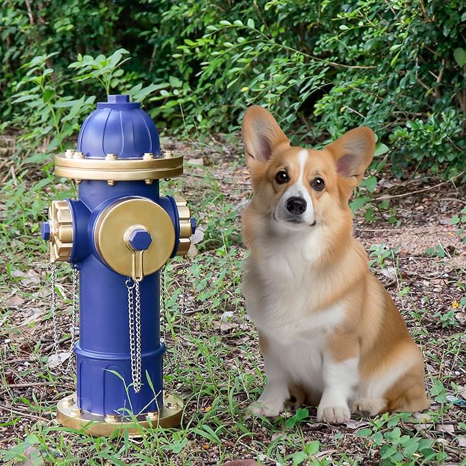 Dog Fire Hydrant Puppy Pee Training Post Garden Statue, Blue & Gold Fire Hydrant Outdoor Figurines Decor for Yard Garden Lawn Patio, 14 Inches (H) *6.5 Inches(W)
