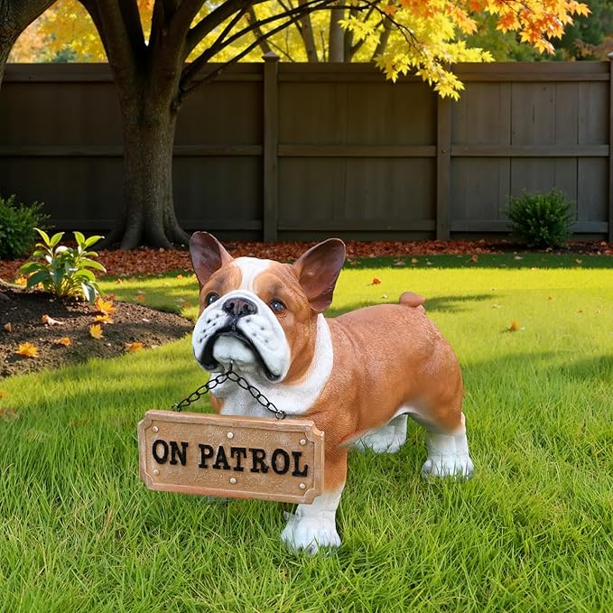 Bulldog Solar Welcome Statue, Hand-Painted Resin Standing Dog Figurine with Lantern and Dual Wooden-Style Signs, Loyal Guardian Sculpture for Garden and Porch Décor