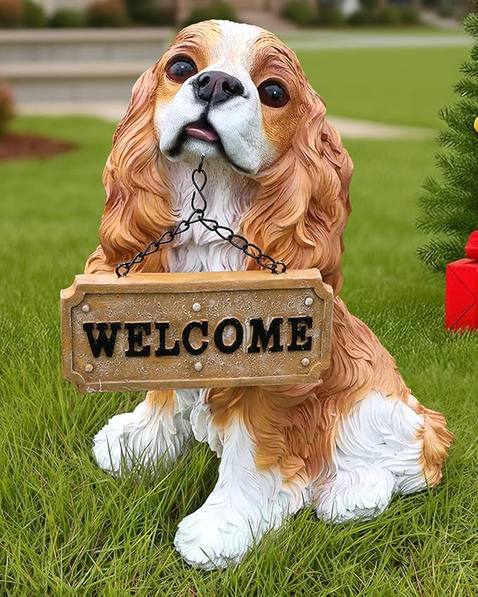 Sunny Cavalier King Charles Spaniel Solar Welcome Dog Statue, Hand-Painted Sitting Resin Puppy Figurine with Dual Signs and Lantern for Garden, Patio, and Front Porch Décor