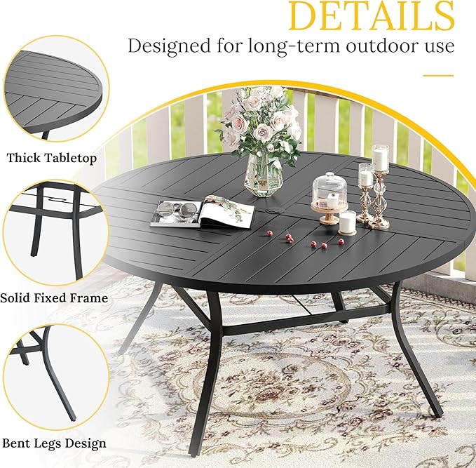 VICLLAX 9 Pieces Patio Dining Set for 8 Includes 60" Outdoor Round Table and 8 Patio Swivel Chairs for Lawn Garden, Black Tabletop and Blue Fabric