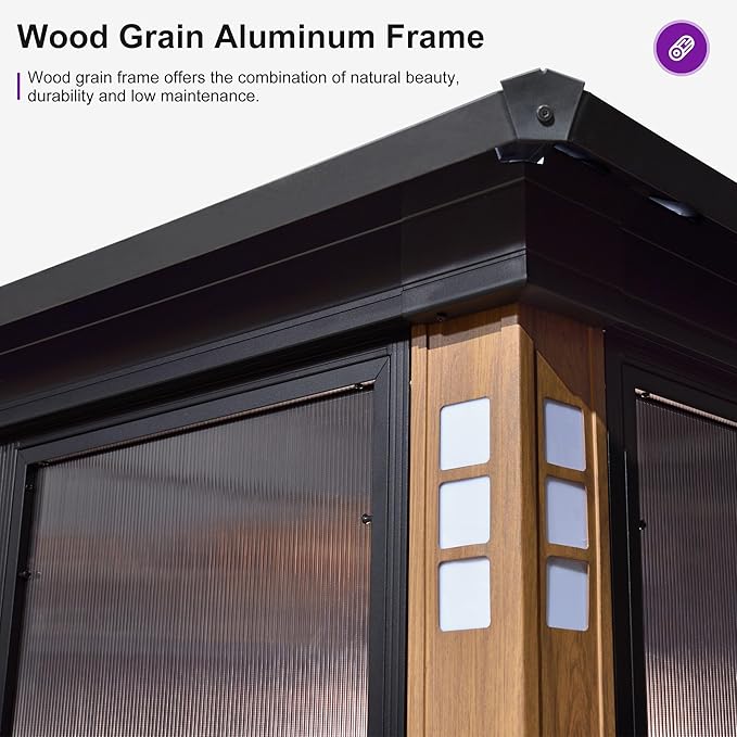 PURPLE LEAF 12' X 16' Patio Hardtop Gazebo Double Top Outdoor Screen House Aluminum Solarium Backyard Sun Room with Detachable Windows and 24 Solar String Light
