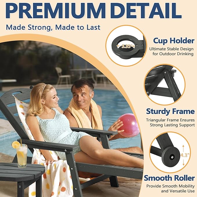 Patio Chaise Lounge Chair Set of 2, HDPE Outdoor Lounge Chairs with 5-Position Adjustable Backrest, Cup Holder and Wheels, 450lbs Capacity for Poolside Deck Backyard, All Weather Material(Gray)