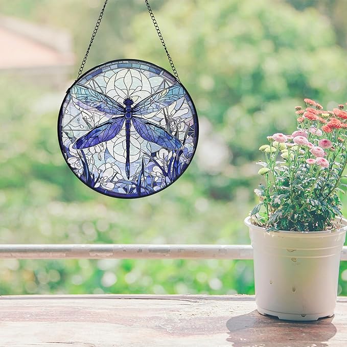 Dragonfly Decor Suncatcher Stained Glass Window Hanging - Handmade Artistic Suncatchers for Windows Hanging, 9.8 inch