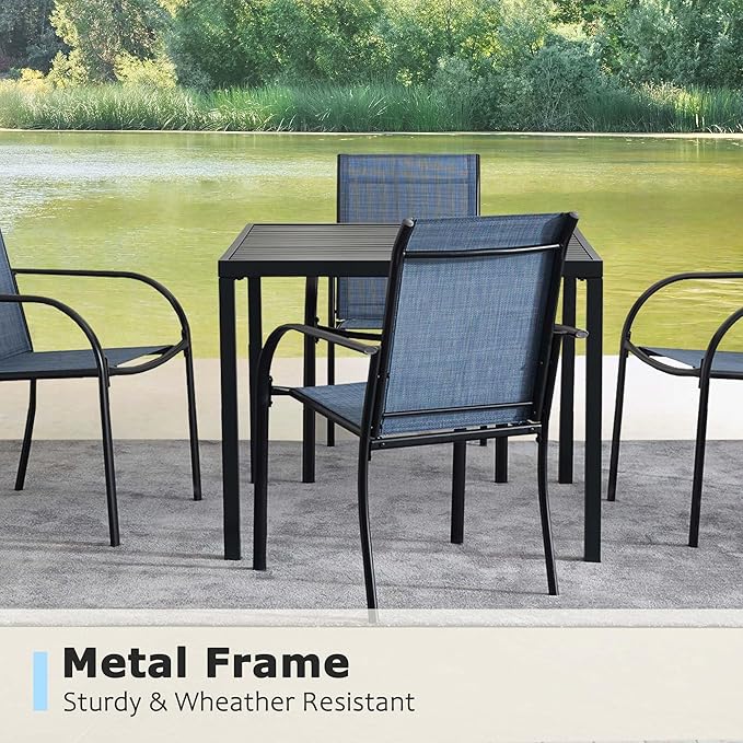 5 Pieces Round Dining Table Set for 4, Patio Dining Set Includes 4 Blue Stackable Patio Chairs and 1 Black Square Table, Patio Furniture Sets with Sling Support for Outside, Garden