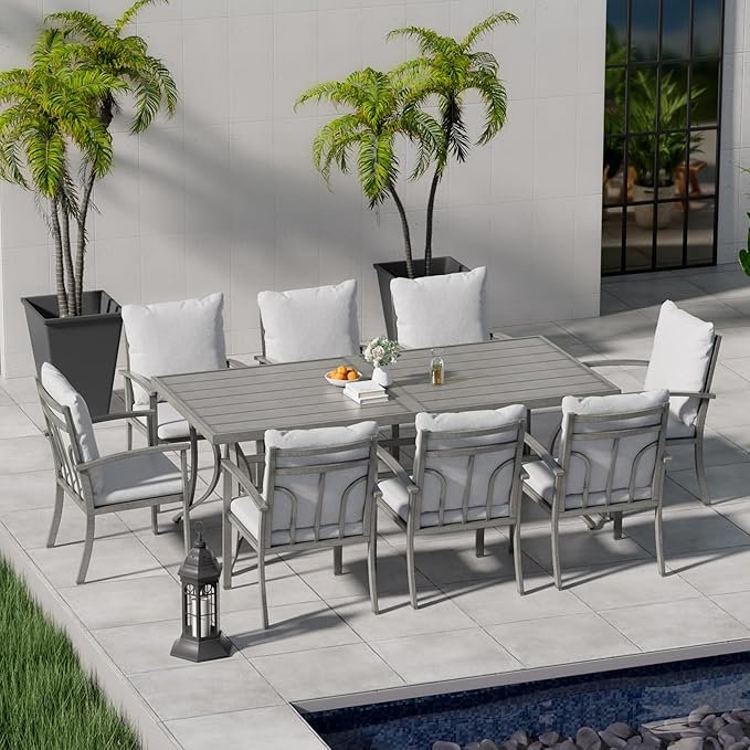 HAPPATIO 9-Piece Patio Dining Set - All Aluminum Table and Chairs for 8, Includes Rectangular Table and 8 Chairs with Cushions, Lawn, Garden