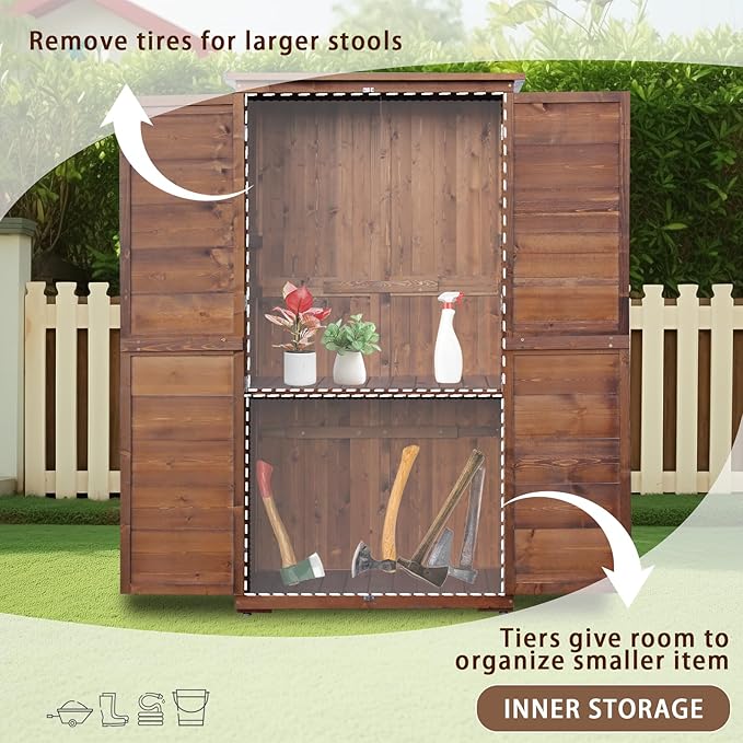 Outdoor Storage Cabinet, Wood Garden Shed, Pool Storage Shed with Lockable Door, Waterproof Roof and 2 Removable Shelves, Vertical Outside Storage Shed for Patio, Backyard, Carbonized Black