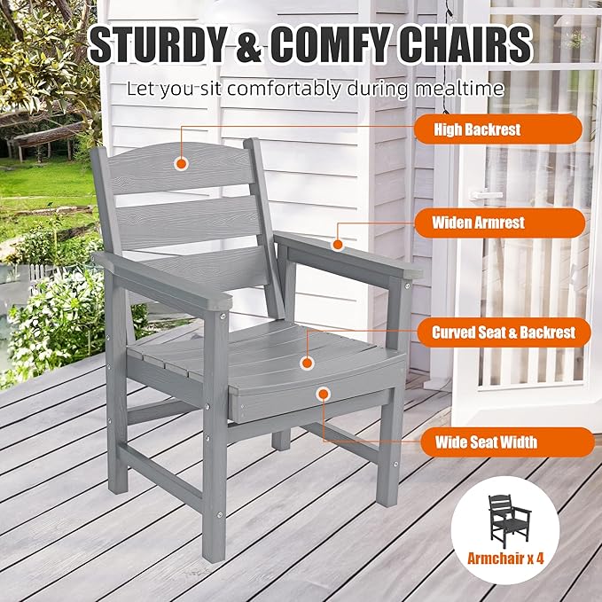 6-Piece HIPS Patio Dining Set, Outdoor Dining Table and Chairs Set with Umbrella Hole, Weatherproof Dining Table Set for 6 Person, Patio Furniture Set for Outside Deck, Grey