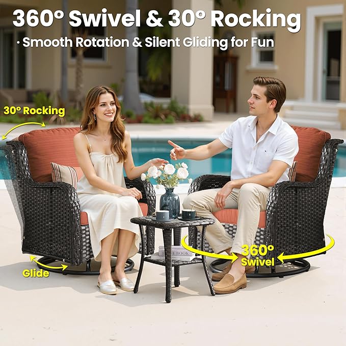 ovios 10 Pieces Patio Furniture Set, Outdoor Wicker Sofa Couch with Swivel Chairs 54" Fire Pit Table, High Back All Weather Modern Conversation Sets, Brown Rattan, Orange Red