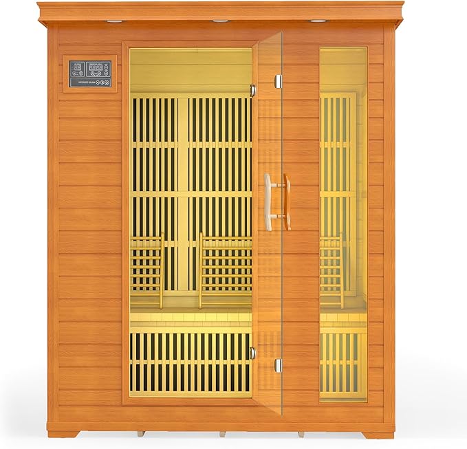 3 Person Infrared Sauna, Indoor Far Infrared Saunas for Home, 2240W Low EMF Canadian Hemlock Wooden Dry Sauna Room with 7 Chromotherapy Lamp, Bluetooth Speakers, 20 Amps