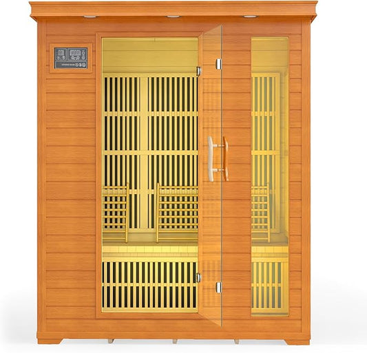 3 Person Infrared Sauna, Indoor Far Infrared Saunas for Home, 2240W Low EMF Canadian Hemlock Wooden Dry Sauna Room with 7 Chromotherapy Lamp, Bluetooth Speakers, 20 Amps