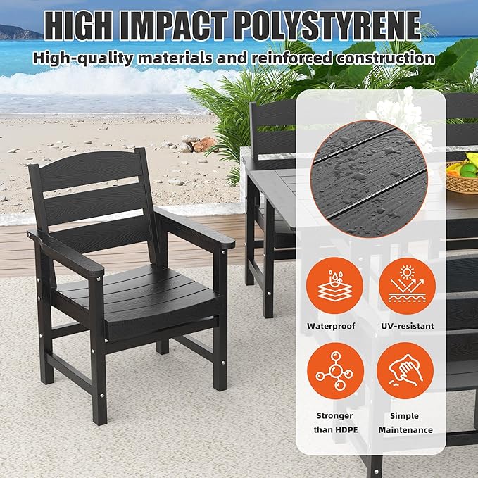 7-Piece HIPS Patio Dining Set, Outdoor Dining Table and Chairs Set with Umbrella Hole, Weatherproof Dining Table Set for 6 Person, Patio Furniture Set for Outside Deck, Black