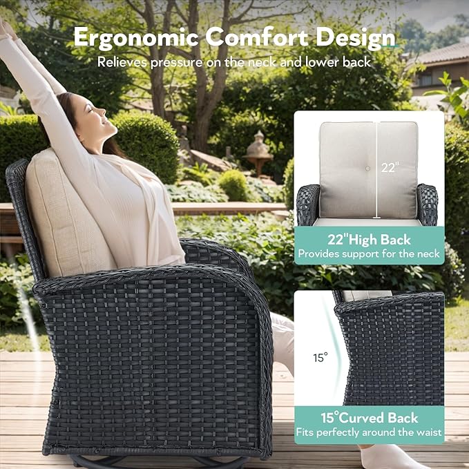 7 Piece Patio Furniture Set with Fire Pit Table - Wicker Patio Conversation Set with 4 Swivel Glider Chairs and 2 Tempered Glass Side Tables for Deck Backyard - Black Wicker Beige Cushion