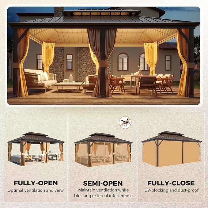 YOLENY 12' x 18' Gazebo Hardtop with Aluminum Frame,Galvanized Steel Double Roof Gazebos with Curtain and Netting,Outdoor Metal Pergolas for Garden, Lawn, Deck, Brown