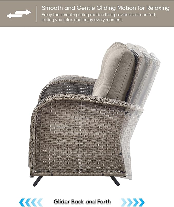HUMMUH 6 Pieces Patio Furniture Set-Patio Glider Loveseat with Rattan Outdoor Swivel Chairs Outdoor Conversation Furniture Sets for Deck Lawn Porch Balcony Poolside-Grey/Grey