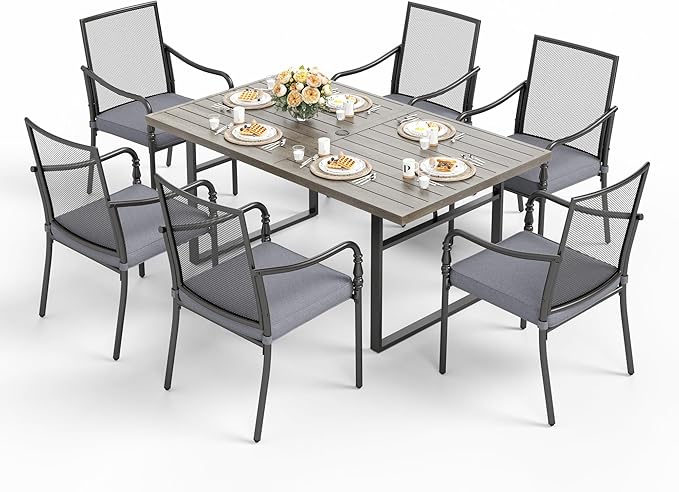 HERA'S HOUSE Metal Patio Table and Chairs Set, 7 Piece Outdoor Dining Set, 6 x Cushioned Chairs with 64" Rectangular Wood-Like Table for Backyard Garden Lawn Restaurant