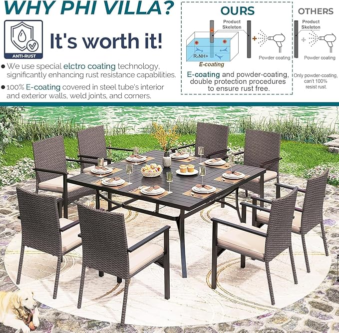 PHI VILLA 9 Pieces Square Outdoor Dining Table Set for 8, 60” Large Metal Steel Dining Table & Rattan Wicker Chairs with Cushions, Dining Furniture Set for Patio, Deck, Yard, Porch