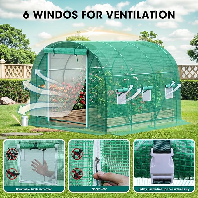 Grezone Walk-in Greenhouse Upgraded Green House with Zippered Screen Doors & 6 Screen Windows Heavy Duty Plastic Plant Warm House with Reinforced Frame (12x7x7 FT)