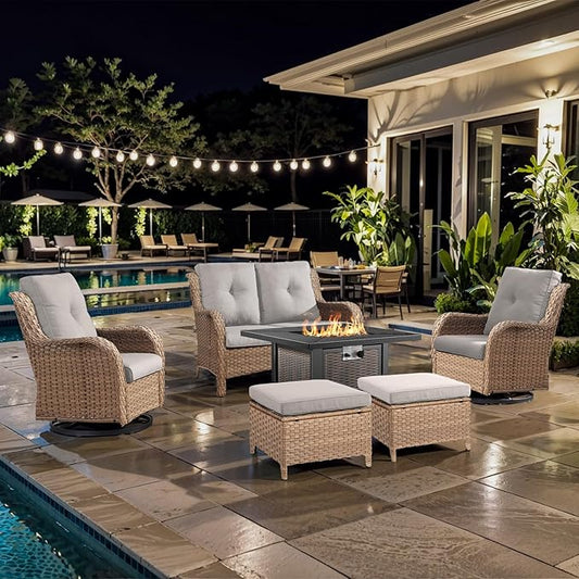 6 Pieces Patio Furniture Set with Fire Pit Table, Wicker Rattan Outdoor Furniture Set with Loveseat and Swivel Chairs for Yard, Deck, Garden, Yellow Wicker/Beige Cushion