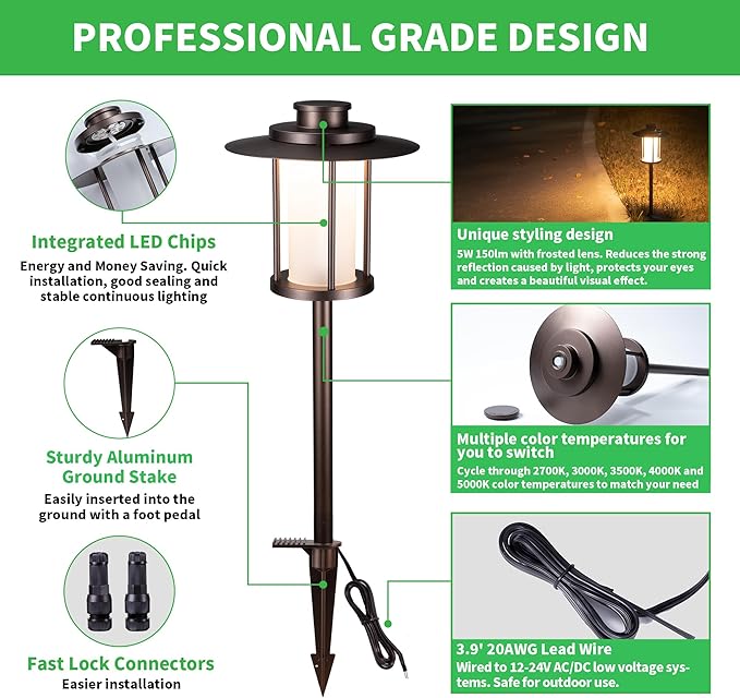 Outdoor Low Voltage Pathway Light, 12V Warm & Cool White Switchable Path Lights LED, IP65 Waterproof Landscaping Pathlight, Walk Side Lighting 5W ORB Aluminum for Backyard Lawn (6 Pack)