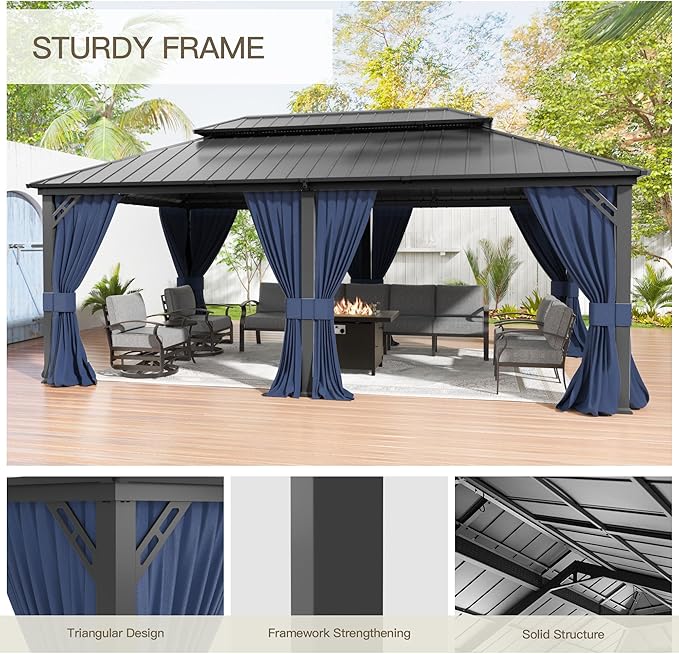 12'x20' Hardtop Gazebo,Double Roof, Outdoor Galvanized Steel Metal Gazebo with Curtains and Netting for Patios, Gardens, Lawns, NavyBlue