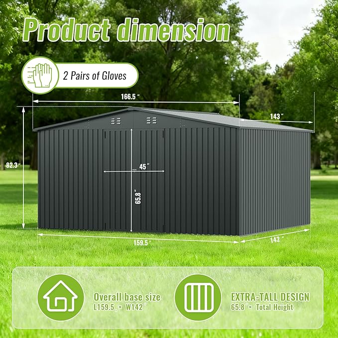 14X12 FT Outdoor Storage Shed, Durable Metal Outside Storage with Lockable Doors, Waterproof Storage Shed for Tools, Equipment, Ideal for Backyard Garden Patio Lawn