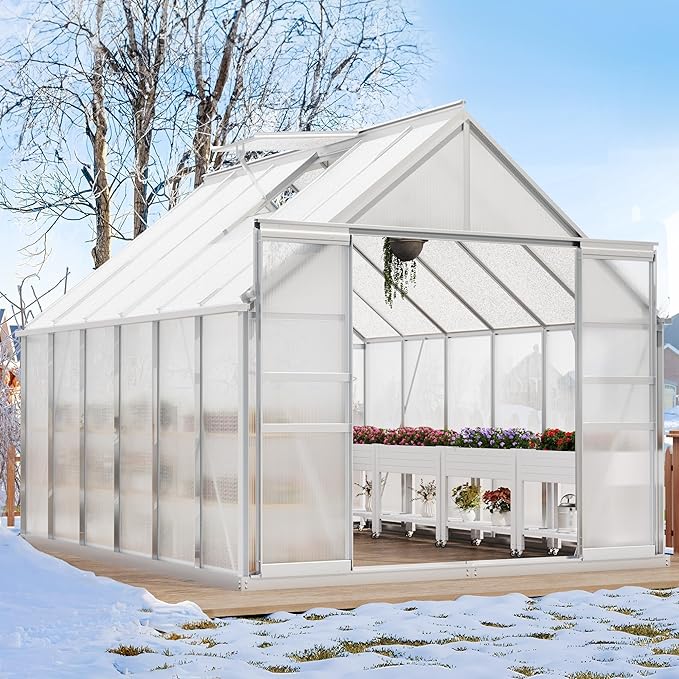 YITAHOME 8x12FT Polycarbonate Greenhouse for Outdoors, Large Heavy Duty Aluminum Greenhouses with Sliding Doors and Vent Window, Walk-in Greenhouse for Garden Backyard, Simple Setup, Silver