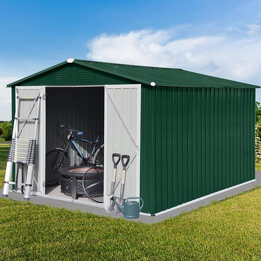 Favfurish 10x8 FT Metal Garden Sheds with Hinged Door and Padlock & Punched Vents,Aluminum Outdoor Storage Shed w/Eco-Friendly Painting,for Bike, Barbeque,Tool,Green+White